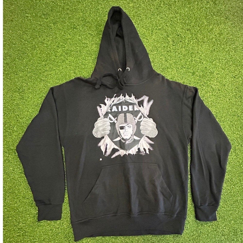 Raiders Graphic Hoodie Black Long Sleeve Sweatshirt Mens Size M Jon Lauren